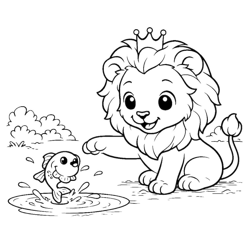 May include: Black and white illustration of a cartoon lion cub wearing a crown, interacting with a smiling fish jumping out of the water. The lion cub is sitting, with its paw extended towards the fish. The image has a playful and whimsical style.