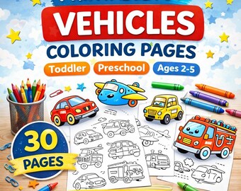 Coloriages de véhicules pour enfants | Livre de coloriage Voitures, camions et avions | Activité PDF à imprimer | Tout-petits et enfants d'âge préscolaire | 2-5 ans