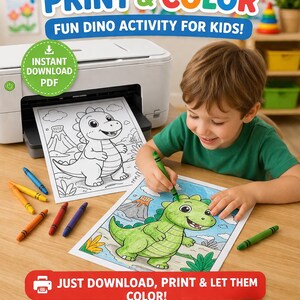 K&ouml;nnte beinhalten: Ein Kind malt ein Dinosaurierbild mit einem gr&uuml;nen Buntstift aus. Das Bild zeigt einen Drucker mit einer Malvorlage mit der Aufschrift "Print & Color" und "Fun Dino Activity for Kids!". Der Text lautet auch "Instant Download PDF" und "Just Download, Print & Let Them Color!"