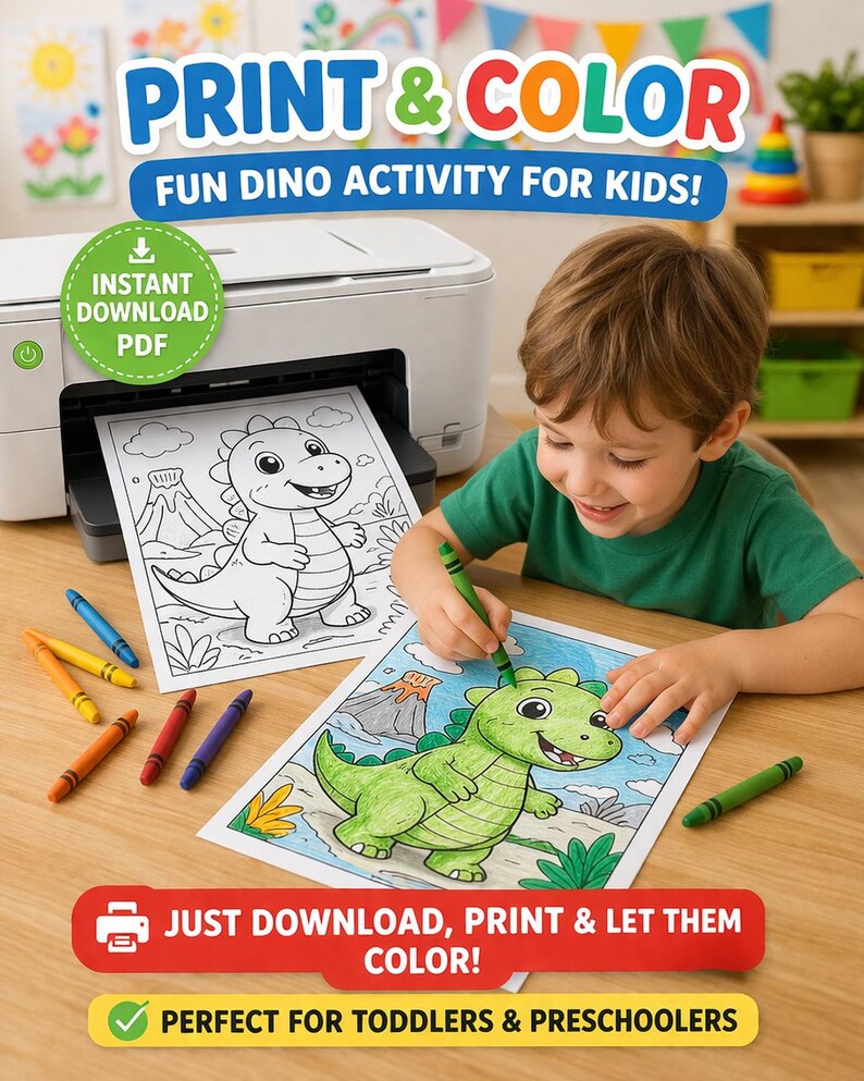 K&ouml;nnte beinhalten: Ein Kind malt ein Dinosaurierbild mit einem gr&uuml;nen Buntstift aus. Das Bild zeigt einen Drucker mit einer Malvorlage mit der Aufschrift "Print & Color" und "Fun Dino Activity for Kids!". Der Text lautet auch "Instant Download PDF" und "Just Download, Print & Let Them Color!"