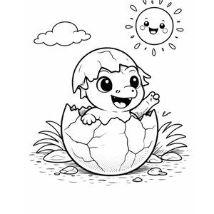 K&ouml;nnte beinhalten: Schwarz-Wei&szlig;-Illustration eines Babydinosauriers, der aus einem Ei schl&uuml;pft. Der Dinosaurier l&auml;chelt und winkt, mit einer fr&ouml;hlichen Sonne und einer Wolke im Hintergrund. Gras und Steine umgeben das Ei.