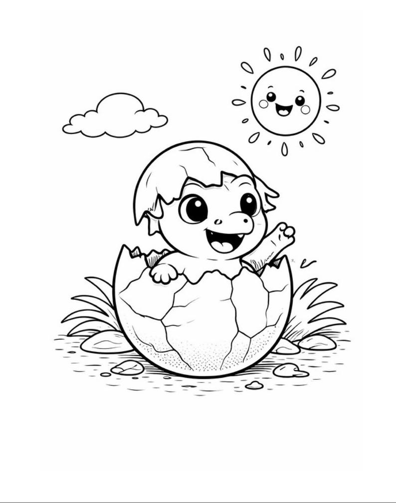 K&ouml;nnte beinhalten: Schwarz-Wei&szlig;-Illustration eines Babydinosauriers, der aus einem Ei schl&uuml;pft. Der Dinosaurier l&auml;chelt und winkt, mit einer fr&ouml;hlichen Sonne und einer Wolke im Hintergrund. Gras und Steine umgeben das Ei.