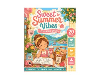 Livre de coloriage « Ambiance estivale douce » | 20 pages de coloriage kawaii estivales et chaleureuses | PDF à imprimer pour ados et adultes
