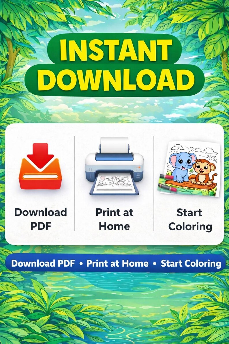 May include: An image with a green and blue background, featuring the words "INSTANT DOWNLOAD" in yellow and green. Below are icons for downloading a PDF, printing at home, and starting coloring. The text "Download PDF &bull; Print at Home &bull; Start Coloring" is also present.