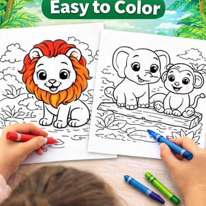 May include: Two coloring pages with cartoon animals, a lion and an elephant with a monkey, are being colored with crayons. The text "Big Thick Lines Easy to Color" is at the top. The lion has an orange mane, and the elephant and monkey are on a log.