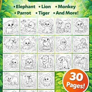 May include: A coloring book with 30 pages featuring line drawings of various animals, including elephants, lions, monkeys, parrots, and tigers. The cover displays the text "30 Coloring Pages Included" and "30 Pages!" in a jungle-themed design.