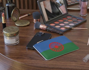 Romani Gypsy Flag Mini Clutch Bag, Saffiano Faux Leather Zipper Pouch