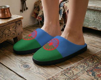 Romani Flag Indoor Slippers, Fleece Lined with Chakra Wheel Design
