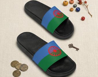 Romani Flag Slide Sandals, Cushioned PVC Foam with Chakra Wheel Strap