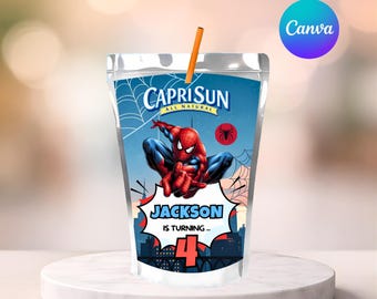 Plantilla de etiquetas para Capri Sun de Spiderman para fiesta / Editar en Canva / Etiquetas para bebidas de cumpleaños de superhéroes / Envoltorios imprimibles para bolsitas de zumo