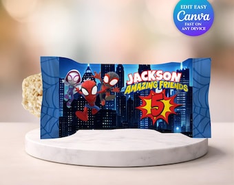 Embalagem de Rice Krispies do Homem-Aranha para Lembrancinha de Festa - Editável | Decoração para Festa do Homem-Aranha | Modelo do Canva