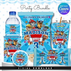 Può includere: Un pacchetto festa a tema blu con personaggi di Paw Patrol. Include etichette per bottiglie d'acqua, sacchetti di patatine e Capri Sun. Il testo "Madison compie 3 anni" è ben visibile. Sono presenti anche le parole "Party Bundle" e "Digital Download".