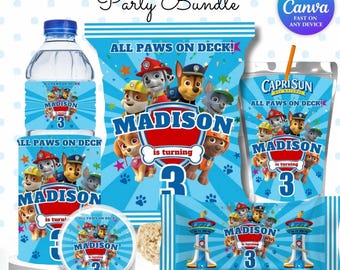 Pacchetto modificabile per il compleanno di cuccioli, bomboniera per la festa del cane Paw-ty, modello Canva Pup Crew, download digitale per bambini, pacchetto stampabile per il compleanno di ragazzi e ragazze