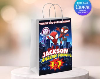 Spidey Gift Bag Party Favor Editable Superhero Gift Bag Label, | Spidey Party Decor | Canva Template