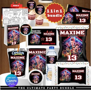 Puede incluir: Un paquete de fiesta 11 en 1 con el tema "Maxime" y el número "13". El paquete incluye varios artículos como adornos para cupcakes, etiquetas Capri Sun y una caja Gable, todos con un diseño a juego. El texto "The Ultimate Party Bundle" también es visible.