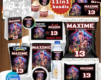 Fiesta de cumpleaños para adolescentes / Decoración para fiestas temáticas de extraños / Plantillas de cumpleaños editables Paquete de cumpleaños con temática de extraños / Cumpleaños neón