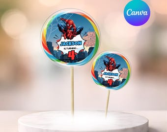 Envoltorios de piruletas de Spiderman editables en Canva / Recuerdos de fiesta de cumpleaños de superhéroes / Etiquetas para dulces infantiles imprimibles (descarga instantánea)