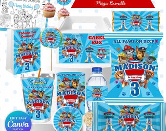 Paquete de cumpleaños editable de cachorro, recuerdo de fiesta de Paw-ty Dog, plantilla Canva de Pup Crew, paquete de cumpleaños imprimible para niños y niñas con descarga digital.