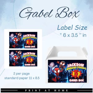 May include: White gable box with a colorful label featuring Spider-Man and friends. The label reads "Jackson Amazing Friends" and "Gabel Box". Label size is 6 x 3.5 inches. Includes a smaller label sheet with two labels per page.