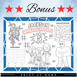 May include: A black and white coloring page featuring Spider-Man characters and the text "Jackson & The Amazing Friends". Includes a word search, maze, and the number 5 in a starburst.