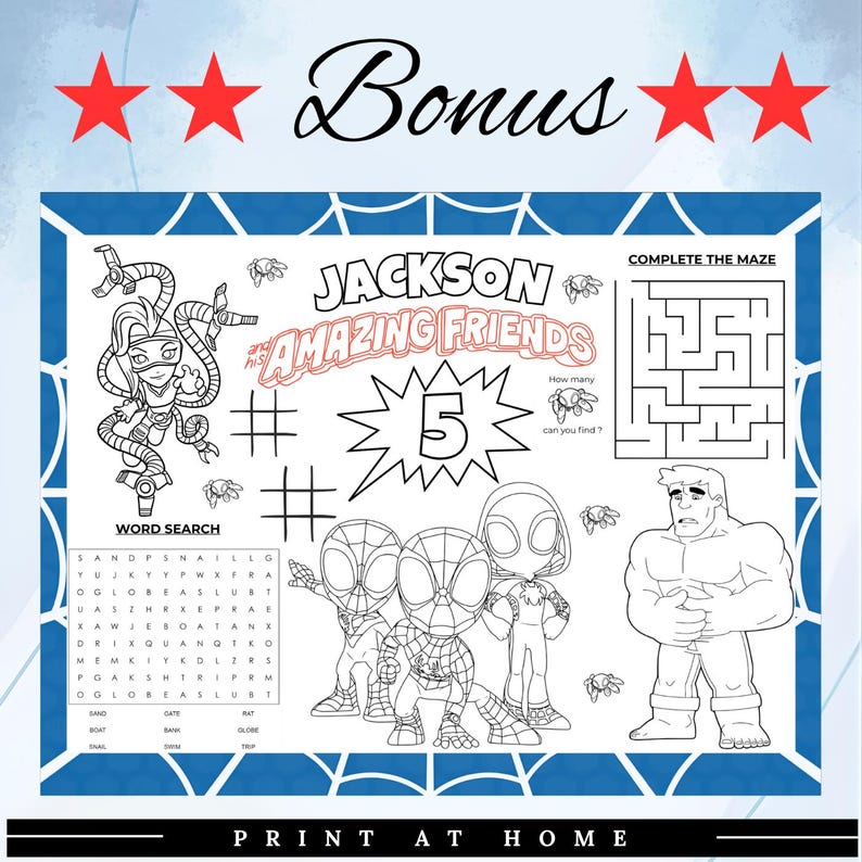 May include: A black and white coloring page featuring Spider-Man characters and the text "Jackson & The Amazing Friends". Includes a word search, maze, and the number 5 in a starburst.