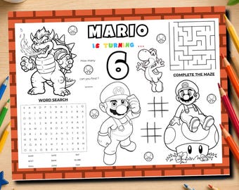 Super Mario Activity Placemat | Mario Printable Placemat | Mario & Luigi Editable Coloring Activity Sheet | Canva Editable (Digital)
