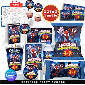 May include: An 11-in-1 party bundle featuring Spider-Man characters. The bundle includes various items like a coloring page, cupcake toppers, candy bar wrappers, a juice box, water bottle labels, and a chip bag, all with a cityscape background.