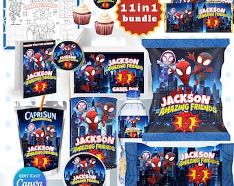 Bundel Spidey-verjaardagscadeau bewerkbare zak superheldenchip, sapetiketten, activiteitenmat | Spidey-feestdecoratie | Canvassjabloon | Bonus