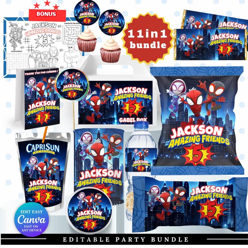 May include: An 11-in-1 party bundle featuring Spider-Man characters. The bundle includes various items like a coloring page, cupcake toppers, candy bar wrappers, a juice box, water bottle labels, and a chip bag, all with a cityscape background.