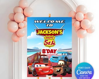 Editable Lightning McQueen Cars Theme Birthday Welcome Sign | Mcqueen Party Favor | Mcqueen Party Decor | Canva (Digital Download)