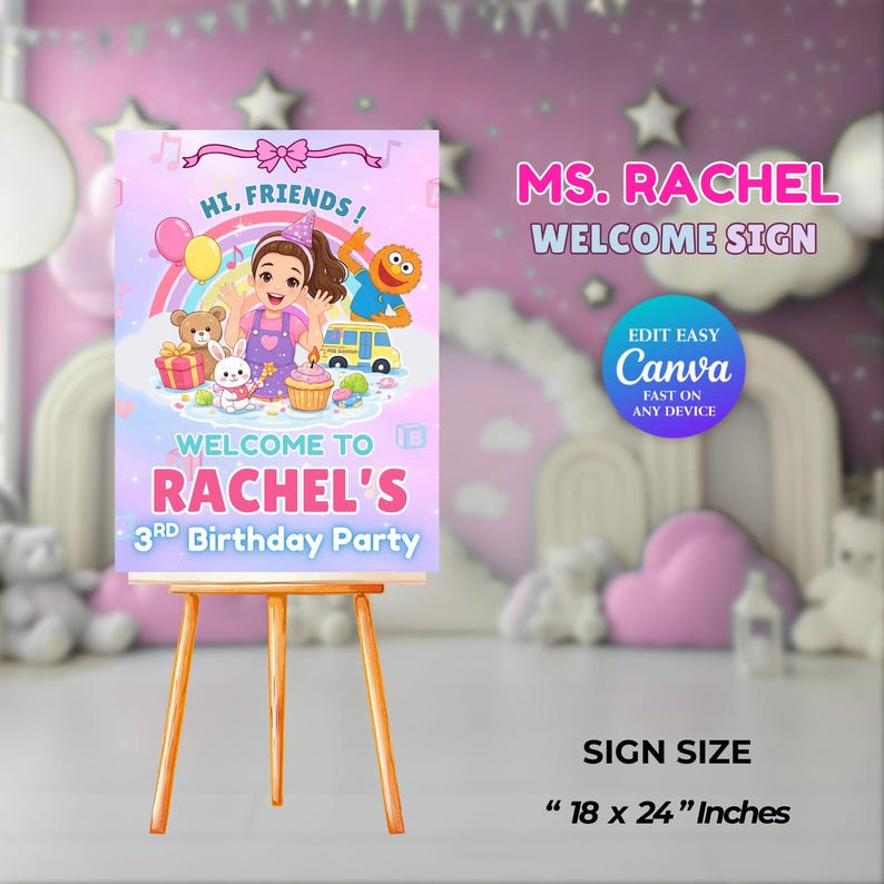 Ms Rachel Birthday Welcome Sign Editable in Canva | Miss Rachel Party ...