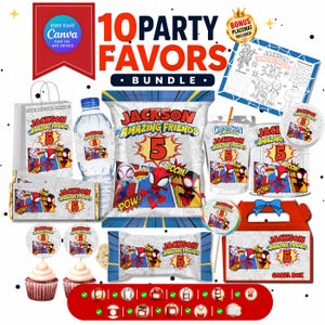 Spidey-Geburtstagsparty-Set: Bearbeitbare Superhelden-Chipstüten, Saftetiketten, Spielmatte | Spidey-Partydeko | Canva-Vorlage | Bonus