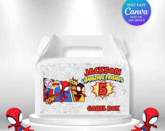 Spidey Gabel Box Party Favor Editable Superhero Gabel Box Label, | Spidey Party Decor | Canva Template