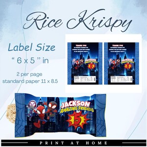 May include: Customizable Rice Krispy treat labels with a superhero theme. The labels are designed to be 6 x 5 inches and printed on standard 11 x 8.5 inch paper. The design features the text "Jackson Amazing Friends" and "Print at Home".