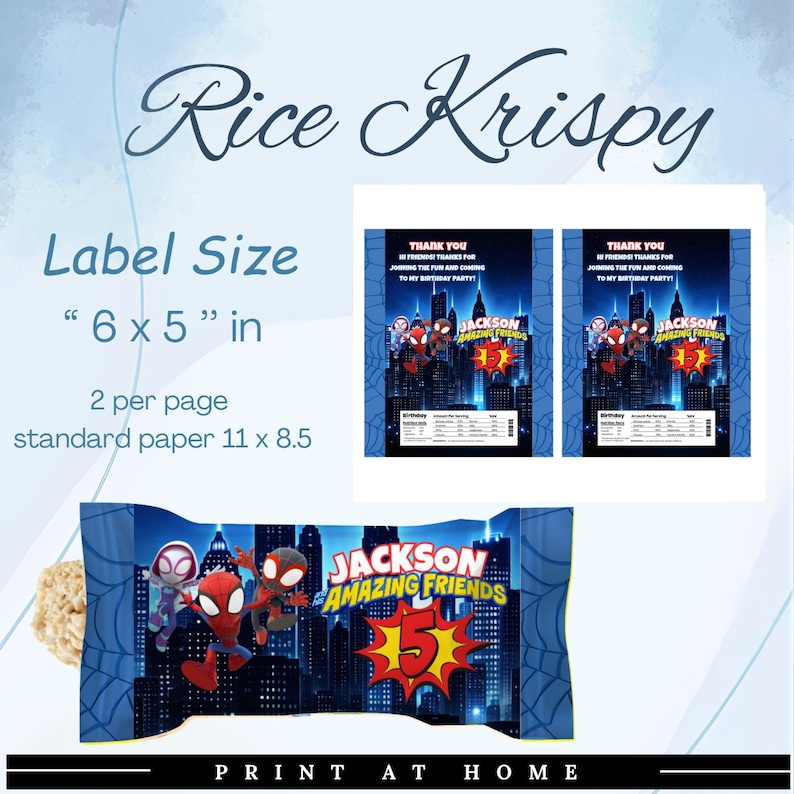 May include: Customizable Rice Krispy treat labels with a superhero theme. The labels are designed to be 6 x 5 inches and printed on standard 11 x 8.5 inch paper. The design features the text "Jackson Amazing Friends" and "Print at Home".