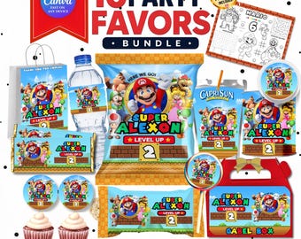 Super Mario Party Favors | Mario Party | Mario Bros Chip Bag | Birthday Bundle Editable Canva Template | Birthday Printable Instant Download