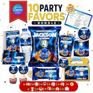 Editable Sonic Party Bundle | Sonic Custom Birthday Decorations | Printable Party Favors | Chip Bag Templates | Instant Canva Download