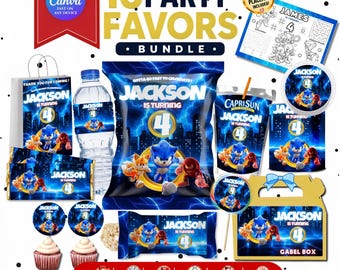 Editable Sonic Party Bundle | Sonic Custom Birthday Decorations | Printable Party Favors | Chip Bag Templates | Instant Canva Download