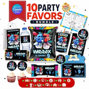 May include: A 10-piece party favor bundle featuring custom labels and packaging with graffiti-style graphics, the name Maddox, and the number 9. Includes a gift bag, water bottle label, chip bag, juice pouch, candy wrappers, cupcake toppers, and a box.