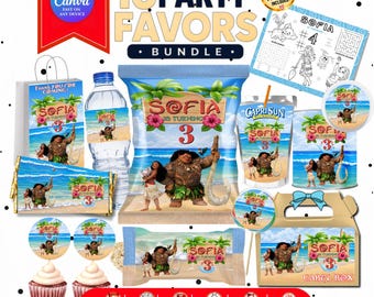 Moana Birthday Party Bundle | Editable Moana Party Decorations | Personalized Birthday Templates | Moana Party Favors | Canva Download