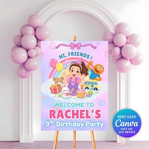 May include: A colorful birthday party welcome sign on a wooden easel. The sign features a cartoon illustration with the text "Hi, Friends!" and "Welcome to Rachel's 3rd Birthday Party." Pink balloons decorate the background.