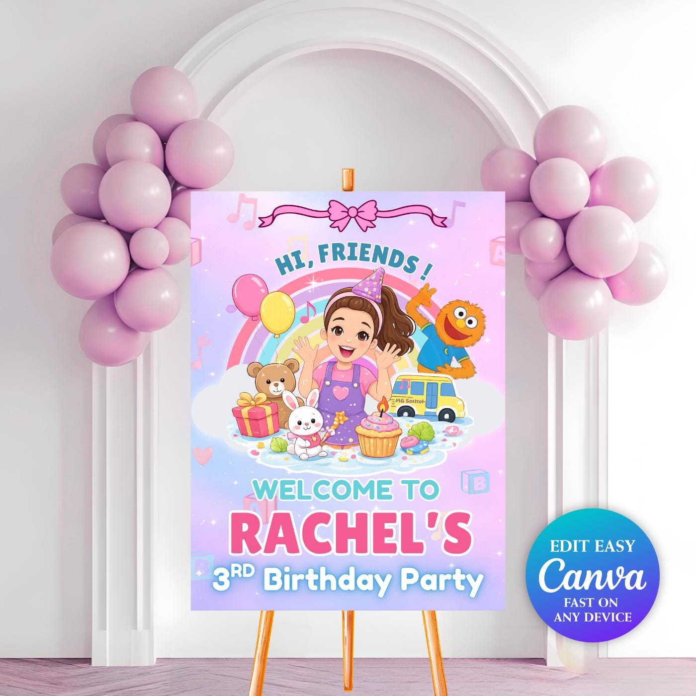 Ms Rachel Birthday Welcome Sign Editable in Canva | Miss Rachel Party ...
