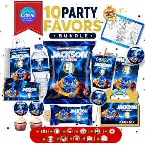 Editable Sonic Party Bundle | Sonic Custom Birthday Decorations | Printable Party Favors | Chip Bag Templates | Instant Canva Download