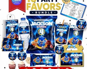 Editable Sonic Party Bundle | Sonic Custom Birthday Decorations | Printable Party Favors | Chip Bag Templates | Instant Canva Download