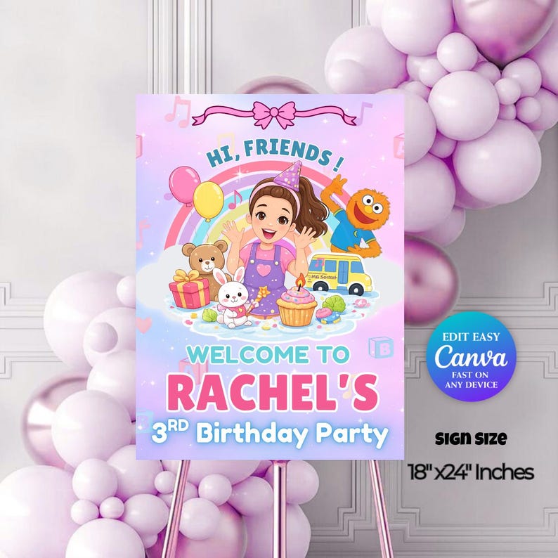 Ms Rachel Birthday Welcome Sign Editable in Canva | Miss Rachel Party ...
