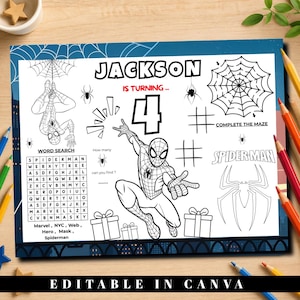 May include: A rectangular activity sheet featuring Spider-Man graphics, a word search, a maze, and the text JACKSON IS TURNING 4. The black and white design includes gift boxes, spider webs, and spiders on a white background with a blue border.