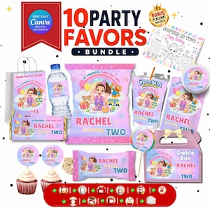 May include: A 10-piece party favor bundle featuring custom labels for water bottles, chip bags, candy bars, juice pouches, and gable boxes. The items display a cartoon character, the text Rachel is turning two, and colorful party graphics.