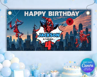 Banner de cumpleaños de Spiderman, fondo editable, fiesta de cumpleaños de Spiderman, decoración de cumpleaños de Spiderman, regalo de fiesta de Spiderman, nombre personalizado en Canva