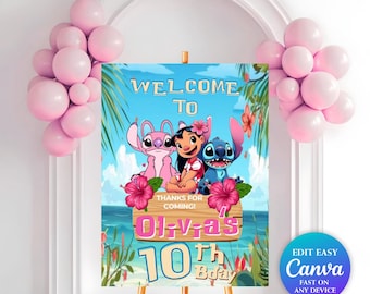 Lilo and Stitch Birthday Welcome Sign | Kids Stitch Angel Birthday Party | Aloha Stitch Welcome Sign | Canva Editable (Digital Download)