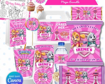 Paquete de cumpleaños editable de cachorro, recuerdo de fiesta de Paw-ty Dog, plantilla Canva de Pup Crew, paquete de cumpleaños imprimible para niños y niñas con descarga digital.